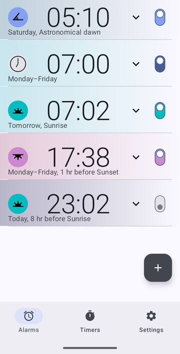 Risetime alarm list with five alarms: 05:10 on Saturday on Astronomical dawn, a custom anchor; 07:00 Monday to Friday on Absolute, a fixed time; 07:02 Tomorrow at Sunrise; 17:38 Monday to Friday, 1 hr before Sunset; and 23:02 Today, 8 hr before Sunrise, switched off.