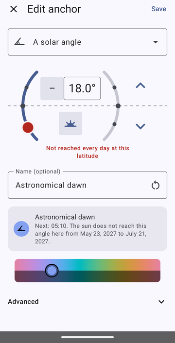 The anchor editor on A solar angle, set to −18.0° in the morning, named Astronomical dawn, with the preview: Next: 05:10. The sun does not reach this angle here from May 23, 2027 to July 21, 2027.