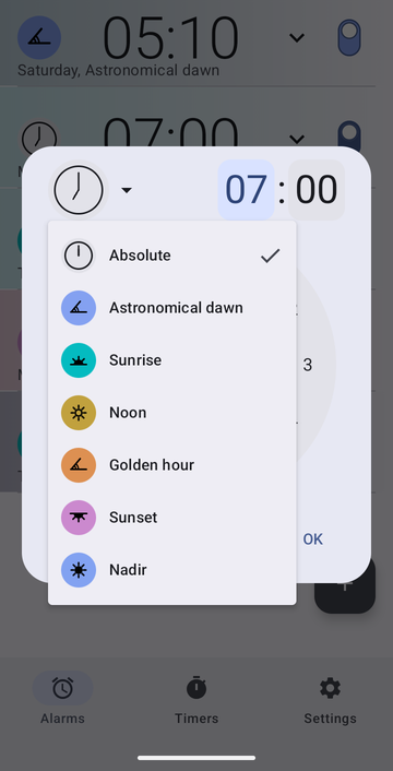 The new-alarm dialog with its anchor menu open: Absolute, Astronomical dawn, Sunrise, Noon, Golden hour, Sunset and Nadir.