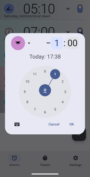 The new-alarm dialog set on Sunset with an offset of one hour before, the hours dial on 1 and the minutes on 00, and the line Today: 17:38.