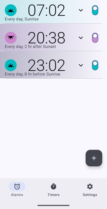 Risetime alarm list with three alarms, all repeating every day: 07:02 at Sunrise, 20:38 two hours after Sunset, and 23:02 eight hours before Sunrise.