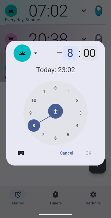 The new-alarm dialog set on Sunrise with an offset of eight hours before, showing the line Today: 23:02.