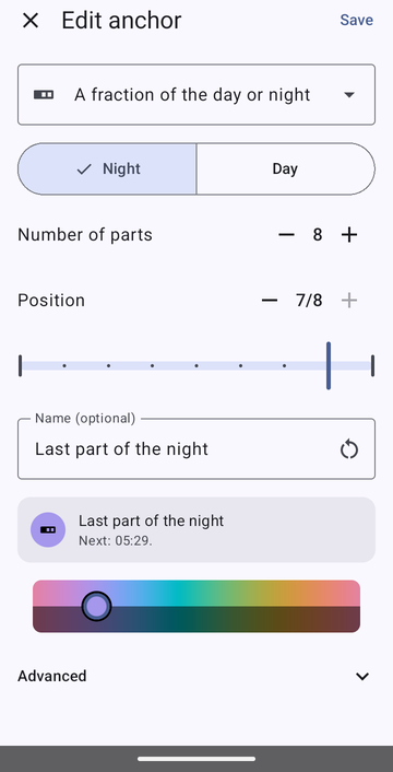 The anchor editor on A fraction of the day or night, with Night selected, Number of parts set to 8 and Position on 7/8, named Last part of the night, with the preview: Next: 05:29.