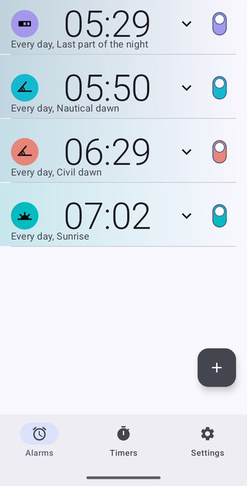 Risetime alarm list with four alarms, all repeating every day: 05:29 on Last part of the night, 05:50 on Nautical dawn, 06:29 on Civil dawn, and 07:02 at Sunrise.