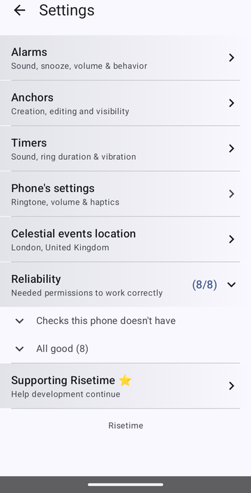 Risetime settings screen showing Alarm Behaviour, Celestial events location, and Alarm reliability section with five green checkmarks for all permissions. A Supporting Risetime section is visible at the bottom.
