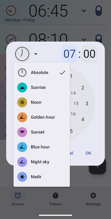 The new-alarm dialog with its anchor menu open, listing Absolute, Sunrise, Noon, Golden hour, Sunset, Blue hour, Night sky and Nadir.
