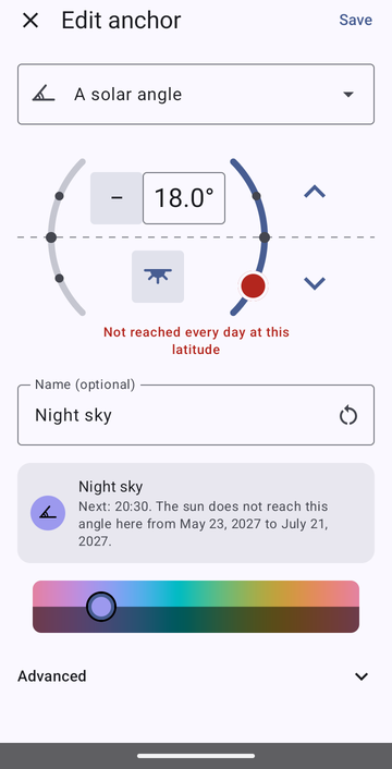 The anchor editor on A solar angle, set to −18.0° in the evening, named Night sky, with the preview: Next: 20:30. The sun does not reach this angle here from May 23, 2027 to July 21, 2027.